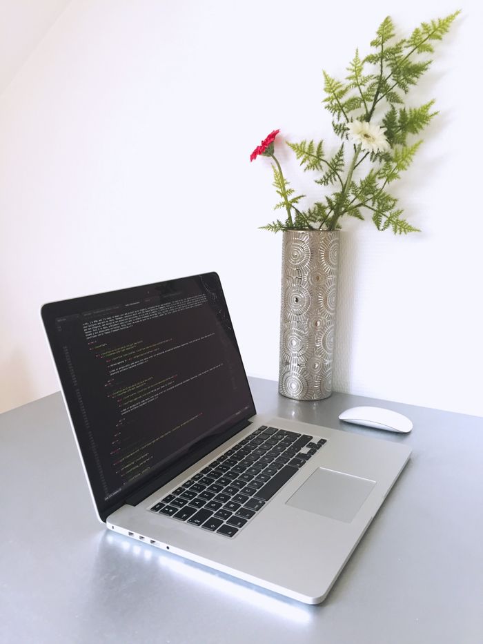 services-01 Laptop with programming code on screen beside a vase with flowers, creating a modern workspace.